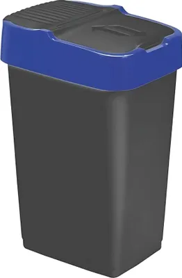 A black trash can with a blue lid.