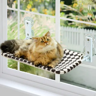 Produktbild von Katzen-Fensterhängematte Katzenliege Fenstersitz - 54 x 30 cm - Bis 18 kg - Saugnapf - Faltbar - Waschbarer Bezug