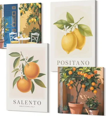 Produktbild von Leinwandbilder Mehrteilig 4-teilig – Modernes Design – Hochwertiger Polycanvas Kunstdruck – Wanddekoration & Wandkunst – Bilder für Zuhause – 2x 40x40 cm + 2x 40x60 cm – Zitronen und Orangen, eine Stadt an der italienischen Amalfiküste