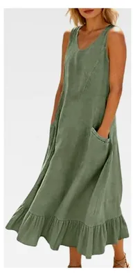 Produktbild von Ärmelloses Sommerkleid für Damen aus Leinen, lässiges Strandkleid mit Taschen, Tankkleid mit Rüschen, elegantes Maxikleid, fließendes Bohokleid, Shirtkleid