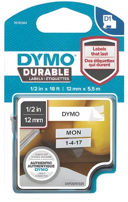 Image de Dymo® 1978364 Ruban d'écriture D1 ruban vinyle - 12 mm x 5,5 m, noir sur blanc
