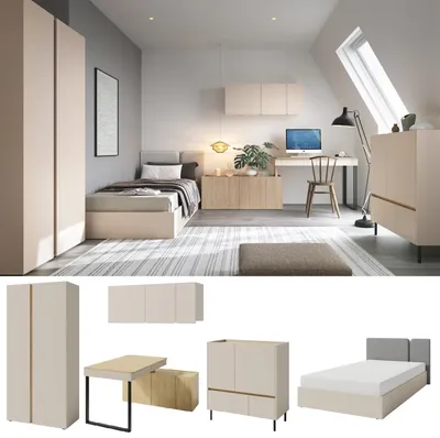 Produktbild von Jugendzimmer Kinderzimmer komplett Laris Set A Schrank 2-türig Schreibtisch Bett 120x200 - Sandbeige / Eiche geölt