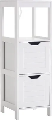Image de Armoire de salle de bain - Armoire sur pied - Étagère ouverte - 2 tiroirs anti-basculement - 30 x 30 x 89 cm - Blanc