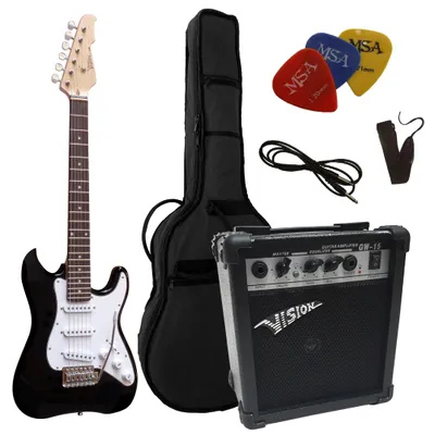 Produktbild von 3/4 Junior Kinder Elektrogitarre - E-Gitarre schwarz im Set - 20 Watt Verstärker Tasche, Band, 3x Piks