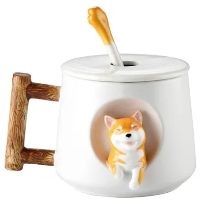 Immagine prodotto di Tazza in Vetroceramica con coperchio e cucchiaino, capacità 420 ml, colore bianco, decorata con il motivo di un Shiba Inu