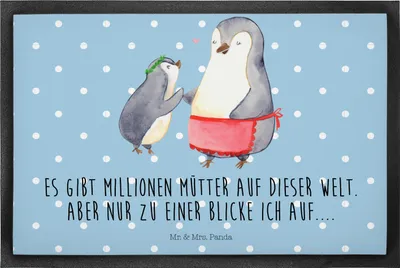 Produktbild von Mr. & Mrs. Panda fußmatte Pinguin mit Kind 60 x 90 cm - Blau Pastell - Geschenk, Fußabstreifer, Vorbild Mama, Schmutzfänger, Schmutzfangmatte, Schuhabstreifer, Mutter