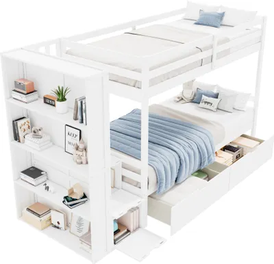Produktbild von Etagenbett,Hochbett,Multifunktionales Kinderbett,mit Lagerregal,Aufbewahrungstreppen,zwei Schubladen,Großer Stauraum,Pine+MDF