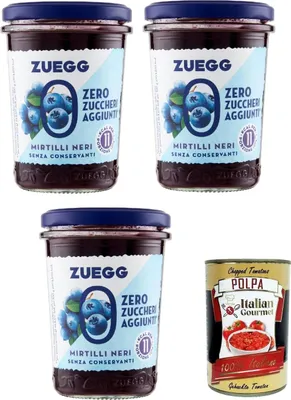 Produktbild von Zuegg Zero Mirtilli, Blaubeeren Marmelade Jam Ohne Zuckerzusatz,Frei von Konservierungsstoffen 3x 220g Glas + Italian Gourmet Polpa di Pomodoro 400g Dose