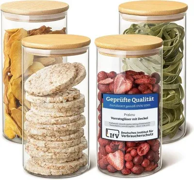 Image de Lot de 4 bocaux de conservation en verre – 1,2 L – hermétiques avec 8 couvercles – bocaux de conservation avec couvercle – lavables au lave-vaisselle