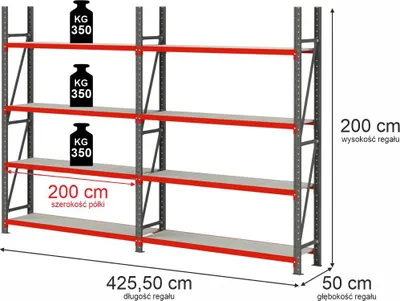 Zdjęcie produktu dla Regał magazynowy metalowy zestaw dwa moduły 8-półkowy Mega-M FORTIS 425,5x50x200cm