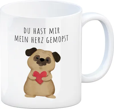 Produktbild von Mops mit Herz Kaffeebecher mit Spruch Du hast mir mein Herz gemopst