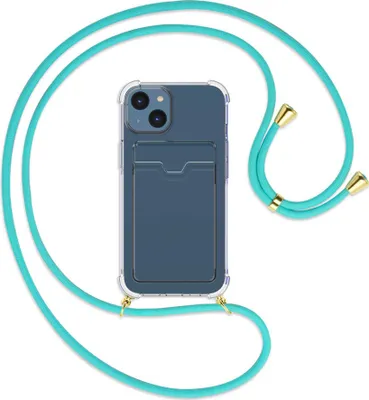 Produktbild von Handykette Backcover-Schutzhülle mit Band (Metall goldfarben) für Apple iPhone 14 (6.1'') - türkis