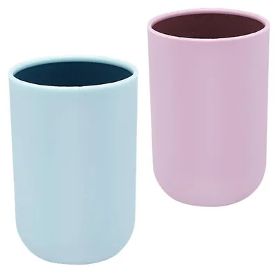 Image de Lot de 2 gobelets en silicone pour brosses à dents, bleu et rose, antidérapants et résistants aux chutes