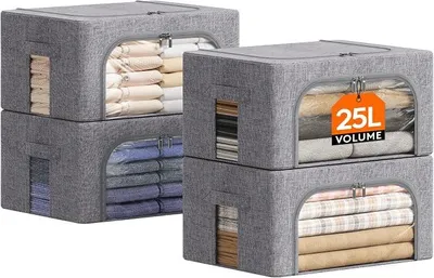 Produktbild von PolkaHome® Lifewit Aufbewahrungsboxen für Kleidung mit Metallrahmen, stapelbare Aufbewahrungsbehälter, faltbare Kleiderboxen mit Deckel, 25L Aufbewahrungsbeutel