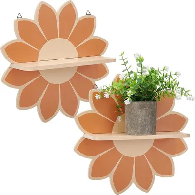 Image de Wandregal en bois en forme de fleur, lot de 2, dimensions 32x10 cm, idéal pour les chambres d'enfants