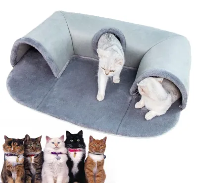 Image de Lit-tunnel pour chats en peluche avec matelas amovible