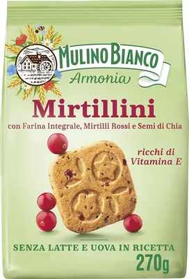 Zdjęcie produktu dla Mulino Bianco 8076809583992, Ciastko, Jagodowy, 270 g, Produkty mleczne, Laktoza, Sztuczny kolor, Syntetyczny barwnik, Środek konserwujący, Organizm..., 458 kcal, 1921 kJ