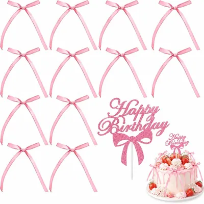 Tortendeko-Set 13-teilig, rosa Schleifen & Acryl-Cake-Topper