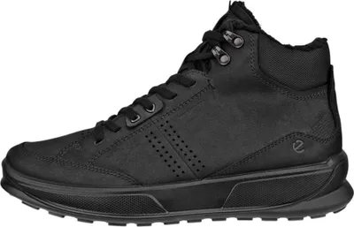 A black leather boot is shown against a white background.
