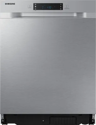 A front view of a silver Samsung dishwasher.