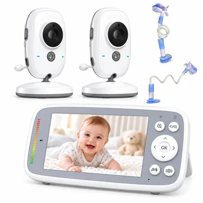 Zdjęcie produktu dla BOIFUN Niania dla dzieci z dwoma kamerami, bez Wi-Fi, monitor 4-calowy, rozdzielczość 720P, widoczność w nocy, wykrywanie dźwięku, łatwa w obsłudze, dwukierunkowy system audio, 3-krotny zoom, z dwoma uchwytami