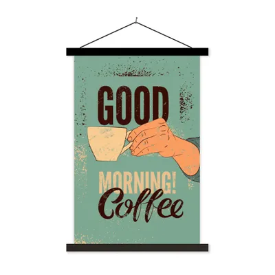 Produktbild von MuchoWow® Textilposter Kaffee - Zitate - Vintage - Guten Morgen! Kaffee 60x90 cm mit schwarzem Rahmen - Poster Wohnzimmer