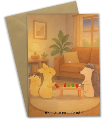 Produktbild von Mr. & Mrs. Panda Klappkarte Eichhörnchen Gesellschaftsspiele Design - Weiß - Geschenk, osterkarte, hochzeitskarten, einladungskarten, Grußkarten, Spielen, Spieleabend