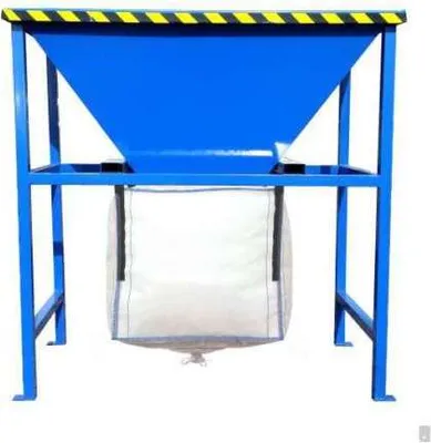 A blue filling station with a white big bag underneath.