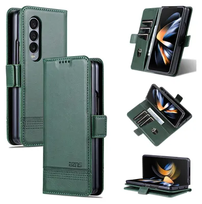 A collage of images showing a green leather phone case for a Samsung Galaxy Z Fold 3.