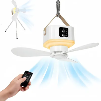 Produktbild von Ø24cm Tragbarer Zeltventilator mit Licht, Hängeventilator klein mit 7200mAh, Aufladbarer Deckenventilator 4 Stufen & Fernbedienung(mit Stativ)