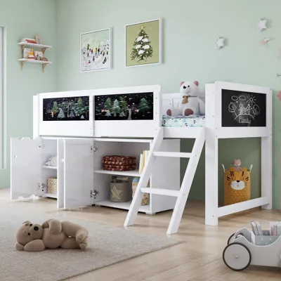 Produktbild von Hochwertiges Hochbett für Kinder mit Stauraum, Maltafel, Sicherheitsgeländer, Schrägleiter aus Kiefer und MDF, weiß - Größe 90x200 cm