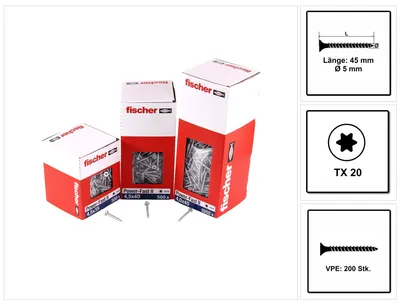 Immagine prodotto di Fischer PowerFast II 5,0x45 testa svasata blvz completamente filettata TX 200 pezzi, 670356