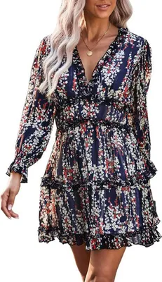 Image de ASKSA Femme Mousseline Robe dos nu Elegant Col V A-Line Flora Mini-robe de plage Robe fleurie, Bleu foncé, XL
