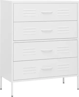 A white metal dresser with four drawers is shown against a white background.