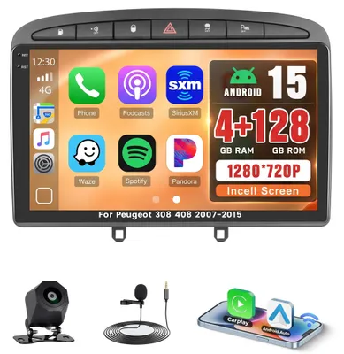 Immagine prodotto di Autoradio 4G con 64G, sistema Android 15, compatibile con Peugeot 308 e 408 (modelli dal 2007 al 2015), dotata di schermo touchscreen da 9 pollici e compatibile con CarPlay e Android Auto