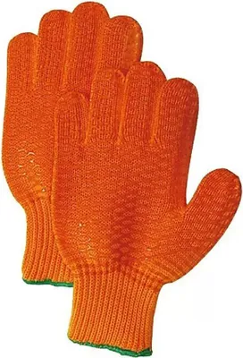 A pair of orange knitted gloves with green trim at the cuffs.