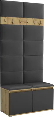 Produktbild von Garderoben-Set Noris I, gepolsterte Garderobe 100 cm mit Sitzbank, Wandpaneelen und Haken (Farbe:Artisan Eiche/Schwarz + Trinity 15)