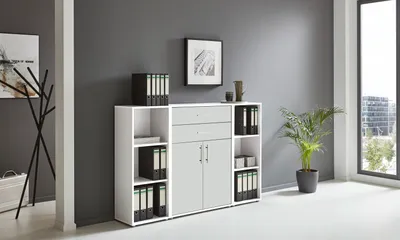 Produktbild von Aktenschrank TABOR 13 in weiß / weiß matt, Schrankwand, Büroschrank, abschließbar, Metallgriffe