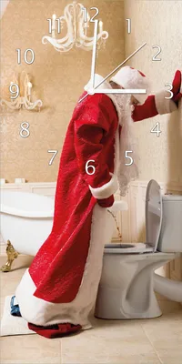 Produktbild von Wallario Design Wanduhr Weihnachtsmann macht Pause und pinkelt auf edler Toilette aus Echtglas, Größe 30 x 60 cm