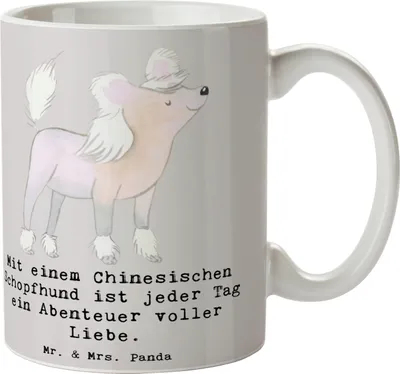 Produktbild von Mr. & Mrs. Panda Kaffeebecher Chinesischer Schopfhund Abenteuer - Grau Pastell - Geschenk, Trinkbecher, Tasse, Hundefreunde, haarlose Hunde, treue Begleiter, Hunderasse