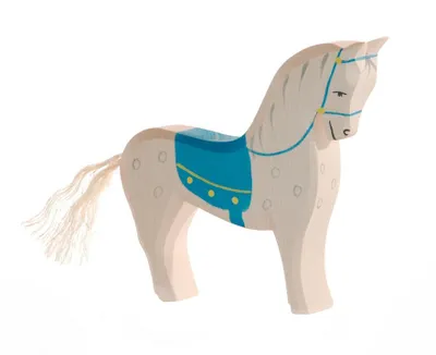 A wooden toy horse with a blue saddle and bridle, shown against a white background.