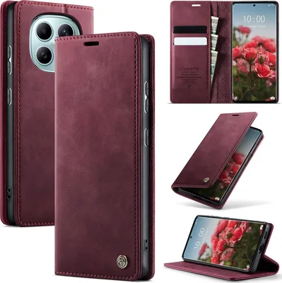 Image de Étui pour téléphone portable Xiaomi Redmi Note 15 5G/4G Étui en cuir avec protection RFID Étui à rabat Compartiment pour cartes magnétiques Fonction support Rouge