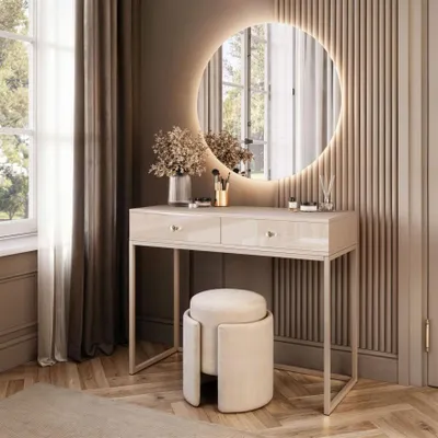 Produktbild von Schminktisch BLANCO GLAMOUR auf Kaschmir-Gestell mit LED-Spiegel mit Griff weißer Kristall