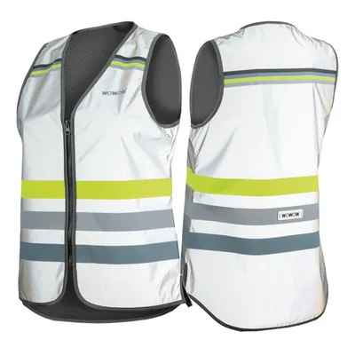 Two views of a white safety vest with reflective stripes.