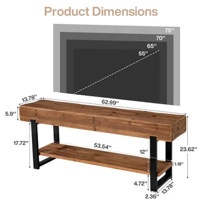 Produktbild von Tribesigns TV-Ständer aus Massivholz für 55/60/65-Zoll-Fernseher, zweistöckig, Industriestil mit Metallrahmen, TV-Konsole Holz, rustikales Braun