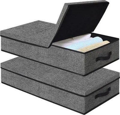 Produktbild von Unterbettbox, 2er Pack, 50 l, schwarz, Unterbettkommode mit 2 Fächern und Griff, faltschließbare Unterbettbox für Decken, Kissen, Kleidung, Spielzeug