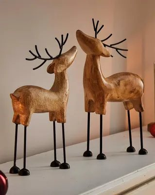 Image de 2x Figurine décorative "renne" en bois de manguier & métal, décoration d'hiver, décoration de Noël