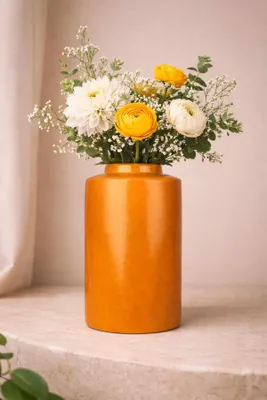 Produktbild von Evila Originals, Handbemalter Dekorationstopf aus Keramik, Ø 13 cm, Höhe 24 cm | Leuchtendes Orange | Perfekt für stilvolle Wohnräume und kreative Akzente | Hochwertige Verarbeitung