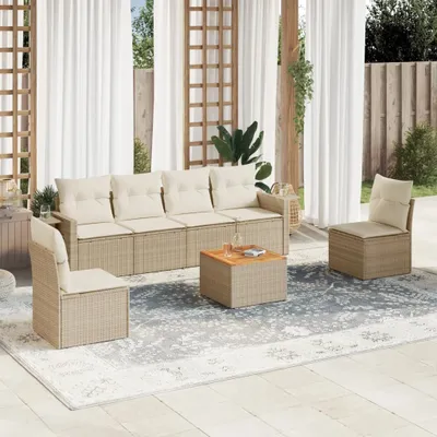 Produktbild von Design 7-tlg. Garten-Sofagarnitur mit Kissen Beige Poly Rattan, Gartensofas 2024 Neu