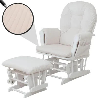 A white glider chair and ottoman set with cream-colored corduroy upholstery.
